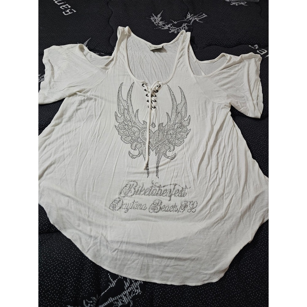 Vance Biker Wear Biketoberfest Daytona Beach Rhinestone Cold Shoulder Top XL